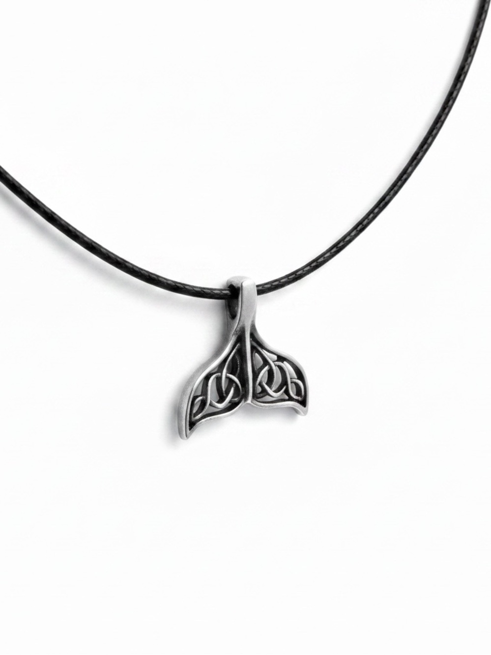 Handmade Celtic Whale Tail Pendant Necklace silver black cord necklace
